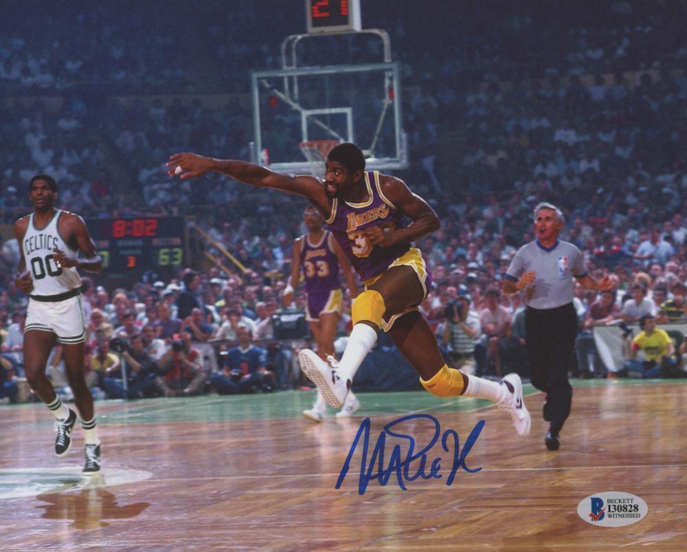 Magic Johnson Signed 8x10 Photo Fastbreak vs Boston Celtics (Beckett) - RSA