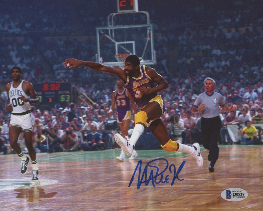 Magic Johnson Signed 8x10 Photo Fastbreak vs Boston Celtics (Beckett) - RSA