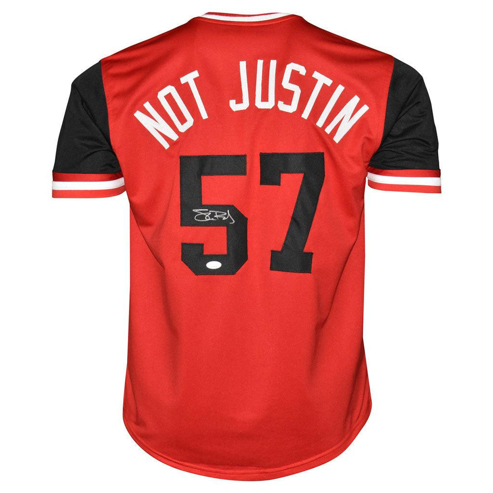 Shane Bieber Signed Not Justin Cleveland Red Baseball Jersey (JSA) - RSA