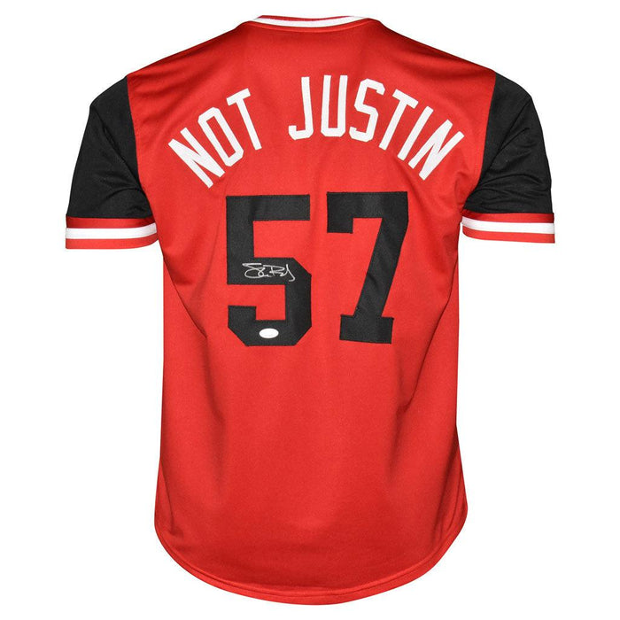 Shane Bieber Signed Not Justin Cleveland Red Baseball Jersey (JSA) - RSA