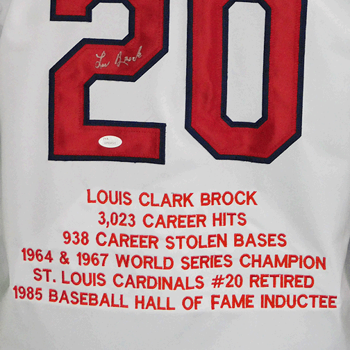 Lou Brock Stats Signed St. Louis White Baseball Jersey (JSA) - RSA