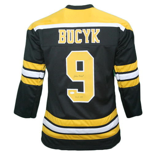 John Bucyk Autographed Black Pro Style Boston Hockey Jersey (JSA) HOF Inscription Included - RSA