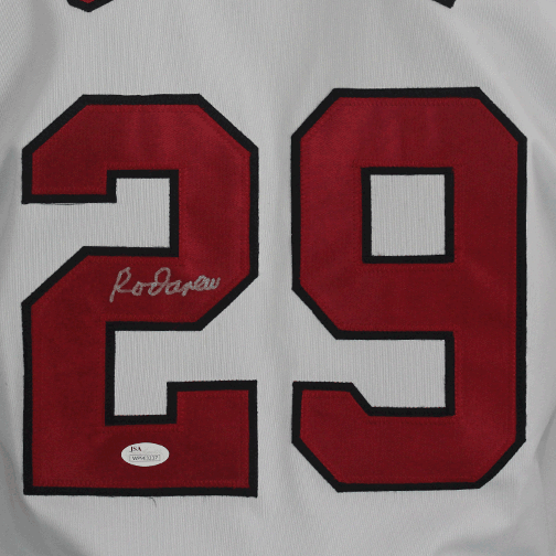 Rod Carew Autographed LA Throwback White Baseball STAT Jersey (JSA) - RSA