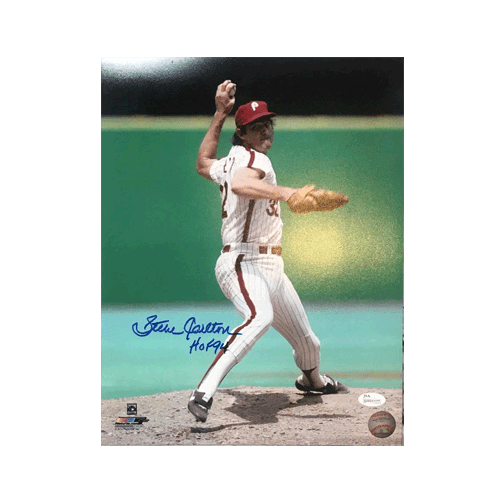 Steve Carlton Autographed Phillies Baseball 11 x 14 Photo (JSA) HOF Inscription Included - RSA