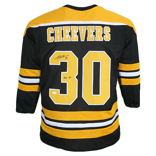 Gerry Cheevers Boston Autographed Hockey Jersey Black (JSA) HOF Inscription Included - RSA