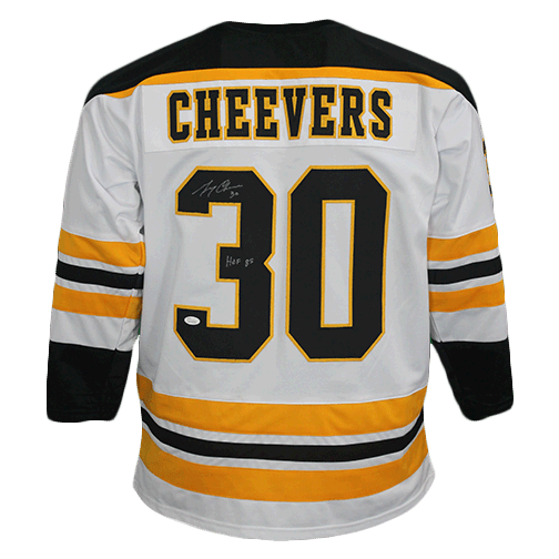 Gerry Cheevers Boston Autographed Hockey Jersey White (JSA) HOF Inscription Included - RSA