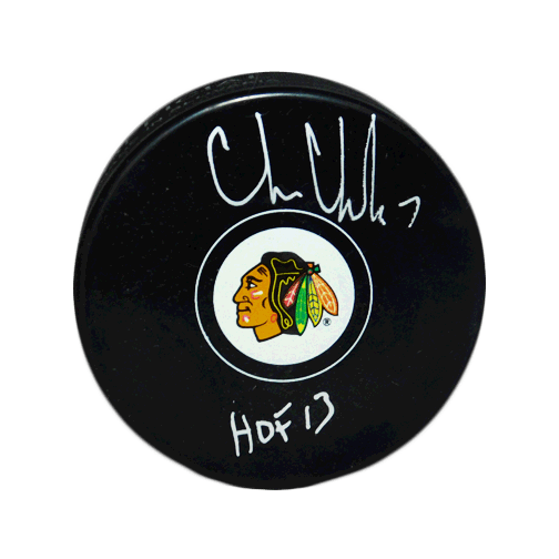 Chris Chelios Autographed HOF 13 Inscription Chicago Blackhawks Puck (RSA) - RSA