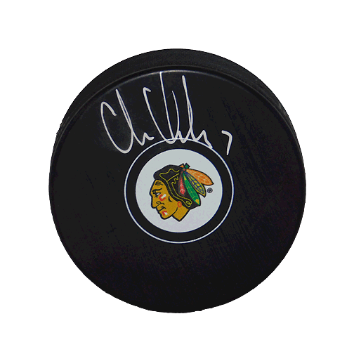 Chris Chelios Autographed Chicago Blackhawks Hockey Puck (JSA) - RSA