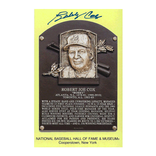 Bobby Cox Autographed Hall of Fame Plaque Postcard (JSA) - RSA