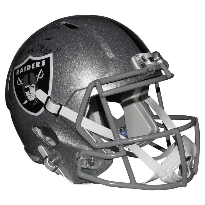 Maxx Crosby Signed Just Win Baby Inscription Las Vegas Raiders Speed Full-Size Replica Silver Football Helmet (JSA) - RSA