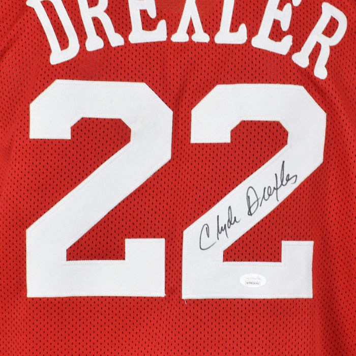 Clyde Drexler Signed Houston Red Basketball Jersey (JSA) - RSA