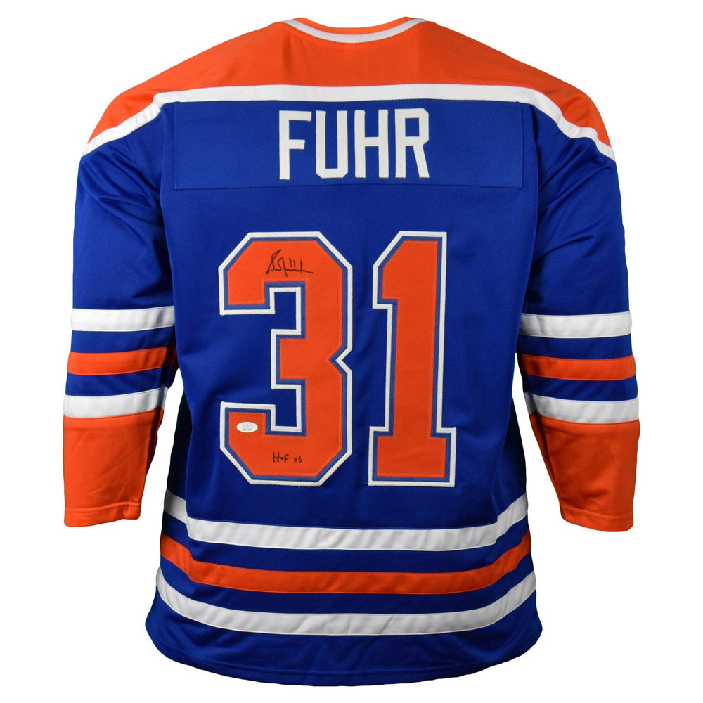 Grant Fuhr Signed Blue Hockey Jersey HOF 03 Inscription (JSA) - RSA
