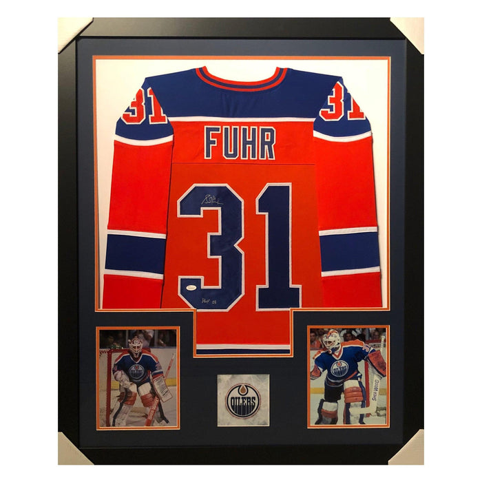 fuhr oilers hof 03 orange autographed framed hockey jersey