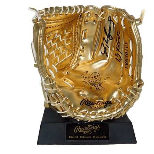 Ivan Rodriguez Autographed Mini Gold Rawlings Baseball Glove 13 GG Inscription (JSA) - RSA