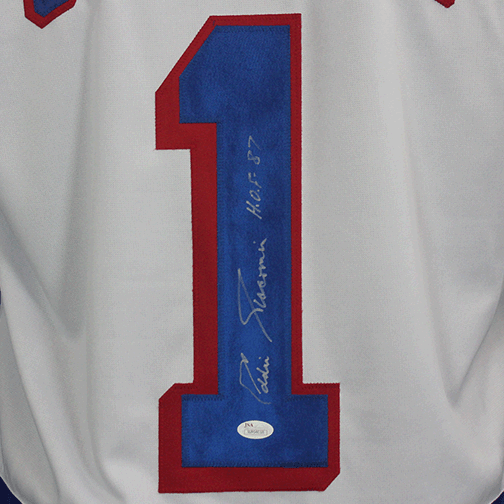 Eddie Giacomin Autographed Pro Style New York Hockey Jersey White (JSA) HOF  Inscription Included