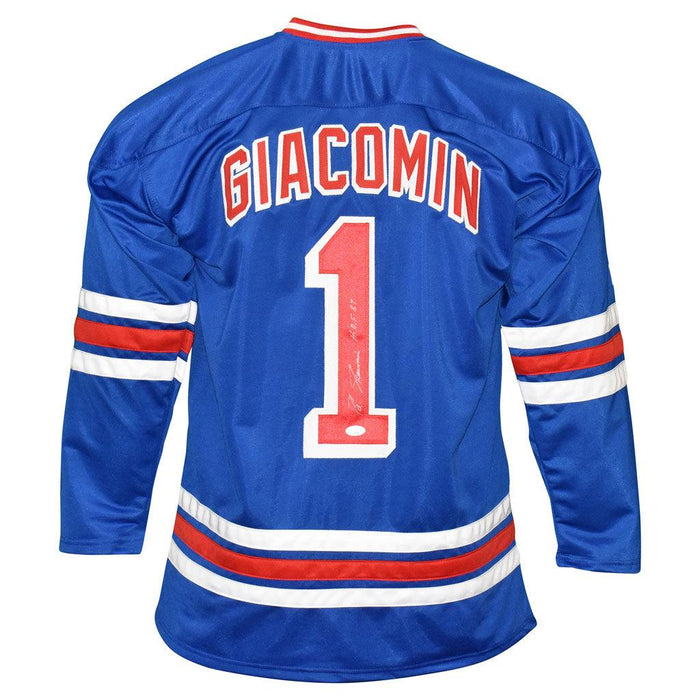 Eddie Giacomin Signed HOF 87 Inscription Blue Hockey Jersey (JSA) - RSA