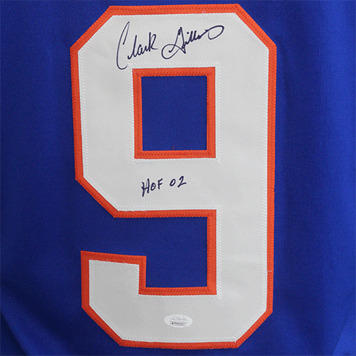 Clark Gillies Autographed Pro Style New York Hockey Jersey Blue (JSA) HOF Inscription Included - RSA