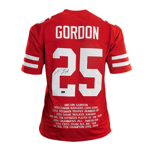 Melvin Gordon Signed College Stat Edition Football Jersey Red (Radtke-Gordon) - RSA