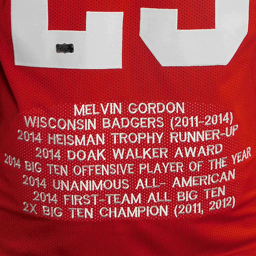 Melvin Gordon Signed College Stat Edition Football Jersey Red (Radtke-Gordon) - RSA