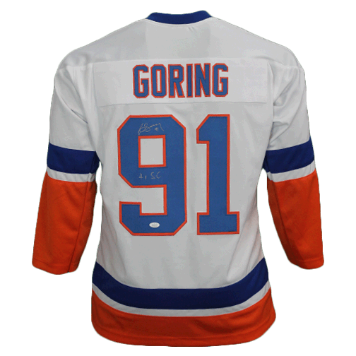 Butch Goring Autographed Pro Style New York Hockey Jersey White (JSA) 4x Stanley Cup Inscription Included - RSA