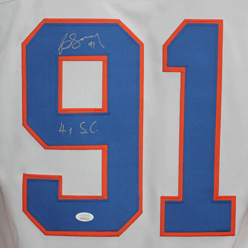 Butch Goring Autographed Pro Style New York Hockey Jersey White (JSA) 4x Stanley Cup Inscription Included - RSA