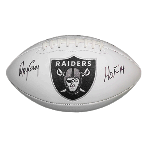 Ray Guy Autographed Oakland Raiders Full Size Logo Football White HOF 14 Inscription (JSA) - RSA
