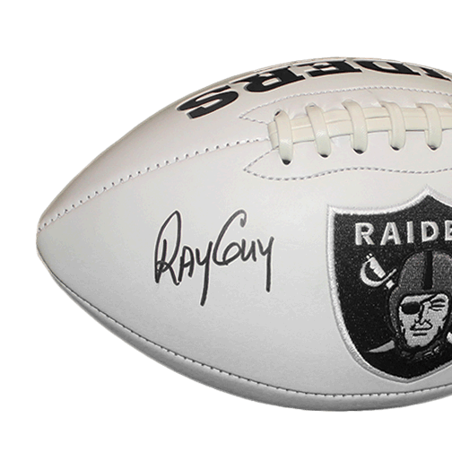 Ray Guy Autographed Oakland Raiders Full Size Logo Football White HOF 14 Inscription (JSA) - RSA