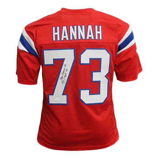 John Hannah Autographed Pro Style Football Jersey Red (JSA) w/ Inscription - RSA