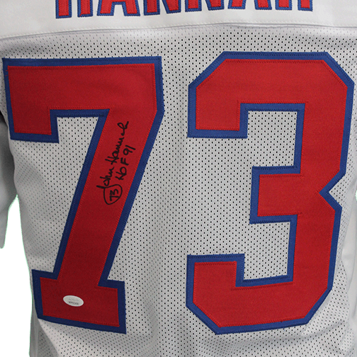 John Hannah Autographed Pro Style Football Jersey White (JSA) w/ Inscription - RSA