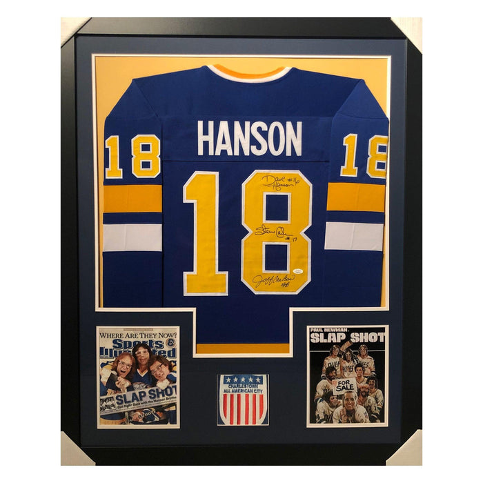 hanson slap shot blue autographed framed hockey jersey