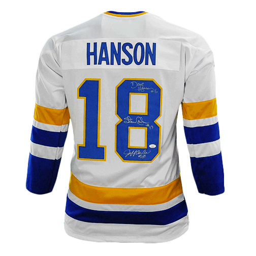 Hanson Brothers Signed Slap Shot White Hockey Jersey (JSA) - RSA
