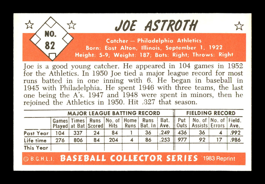 Joe Astroth Autographed 1983 Bowman 1953 Bowman Reprint Card #82 Philadelphia A's SKU #171297 - RSA