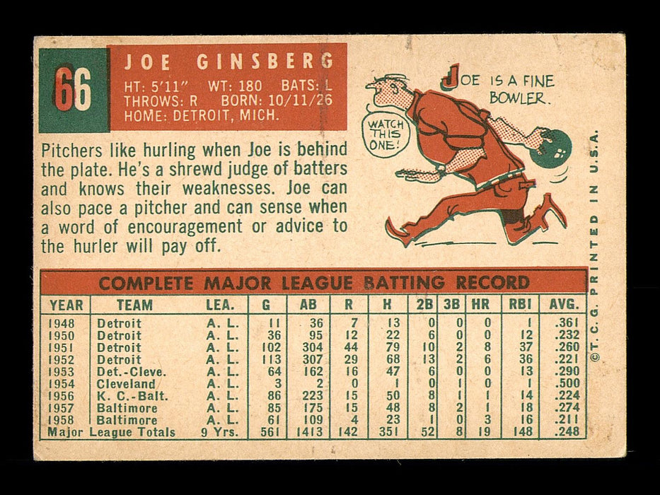 Joe Ginsberg Autographed 1959 Topps Card #66 Baltimore Orioles SKU #182926 - RSA