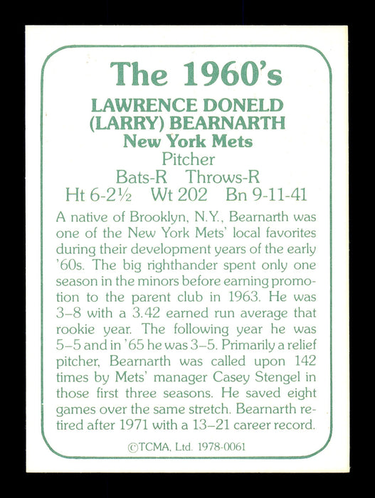 Larry Bearnarth Autographed 1978 TCMA Card #61 New York Mets SKU #171336 - RSA