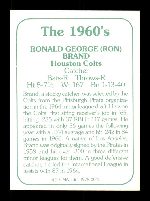 Ron Brand Autographed 1978 TCMA Card #41 Houston Colt .45's SKU #171375 - RSA