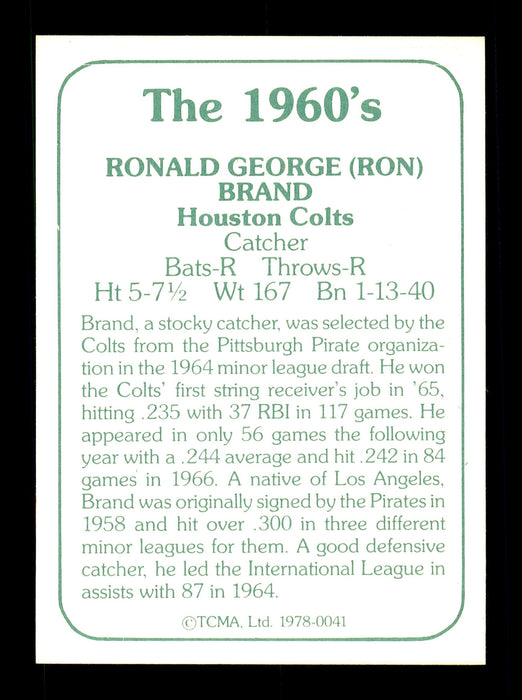 Ron Brand Autographed 1978 TCMA Card #41 Houston Colt .45's SKU #171376 - RSA