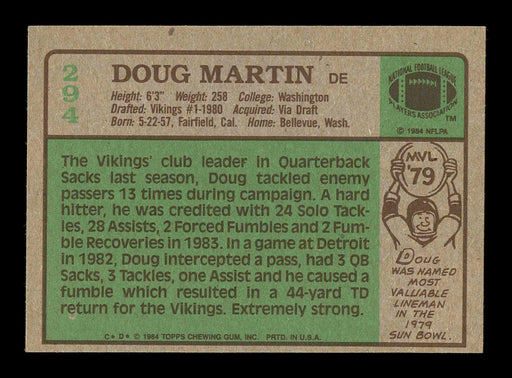Doug Martin Autographed 1984 Topps Card #294 Minnesota Vikings SKU #178388 - RSA