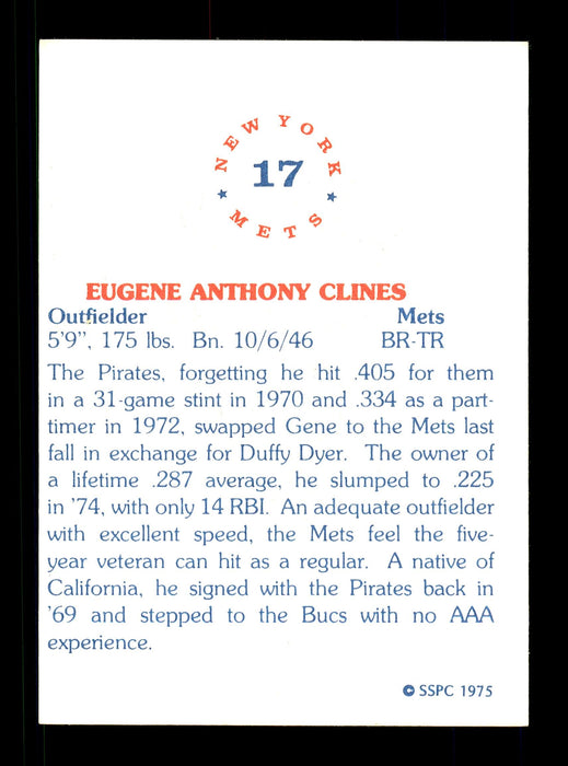 Gene Clines Autographed 1975 SSPC Card #17 New York Mets Regional Issue SKU #171420 - RSA