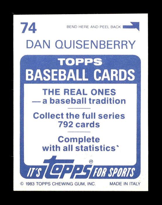 Dan Quisenberry Autographed 1983 Topps Sticker Card #74 Kansas City Royals SKU #178443 - RSA