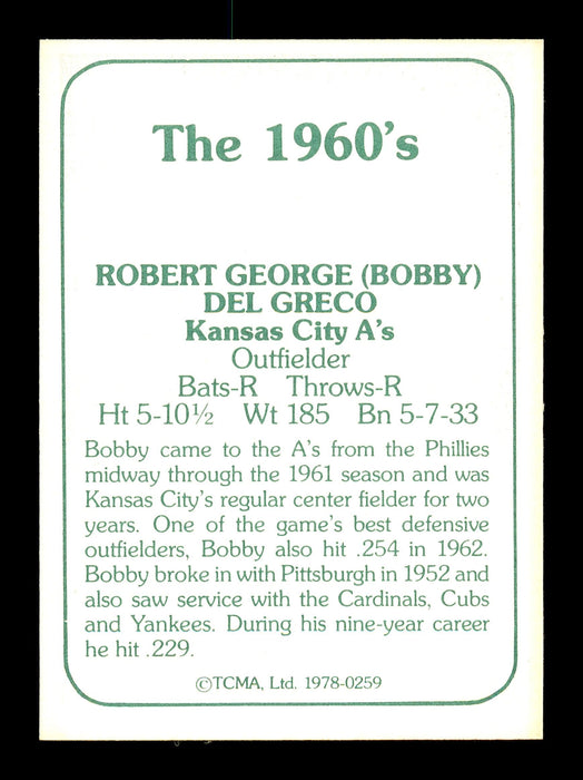 Bob Del Greco Autographed 1978 TCMA Card #259 Kansas City A's SKU #171458 - RSA