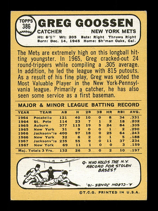 Greg Goossen Autographed 1968 Topps Card #386 New York Mets SKU #183061 - RSA