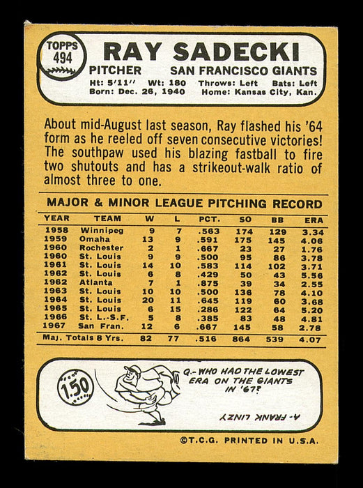 Ray Sadecki Autographed 1968 Topps Card #494 San Francisco Giants SKU #183086 - RSA