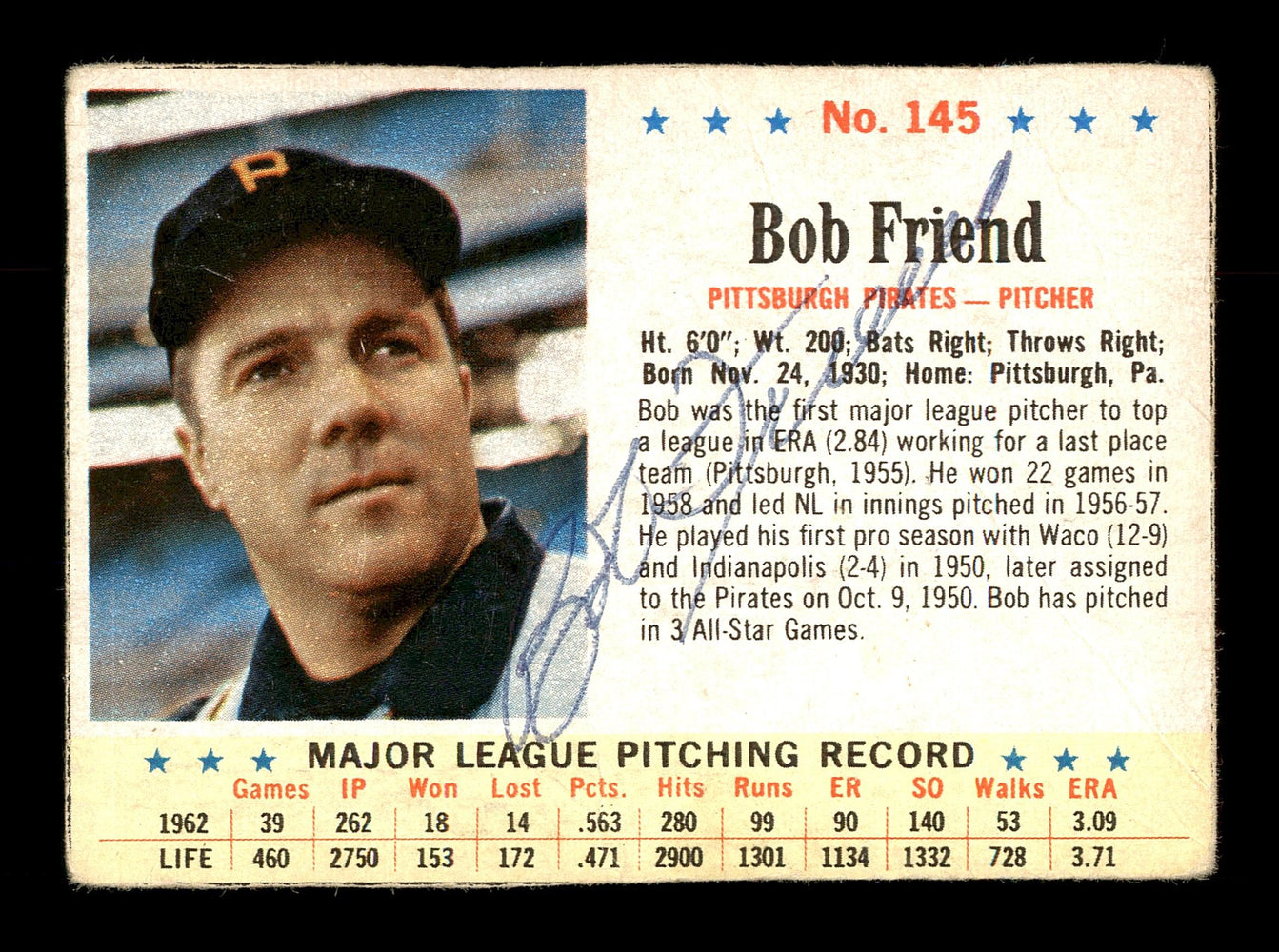 Bob Friend Autographed 1963 Post Cereal Card #145 Pittsburgh Pirates SKU #171505 - RSA