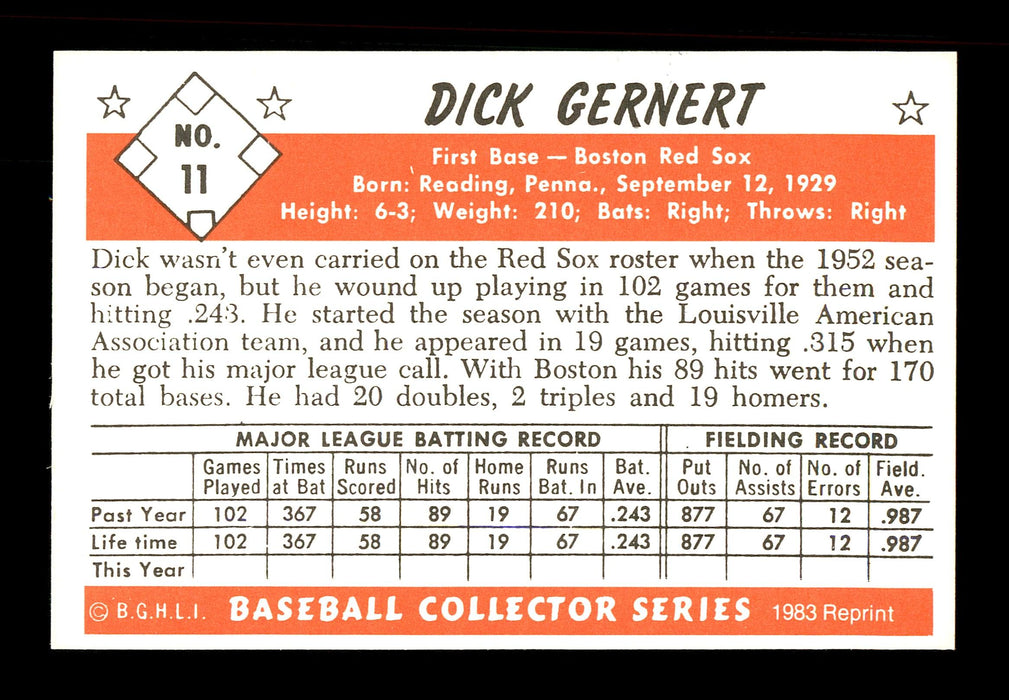 Dick Gernert Autographed 1983 Bowman 1953 Bowman Reprint Card #11 Boston Red Sox SKU #171517 - RSA