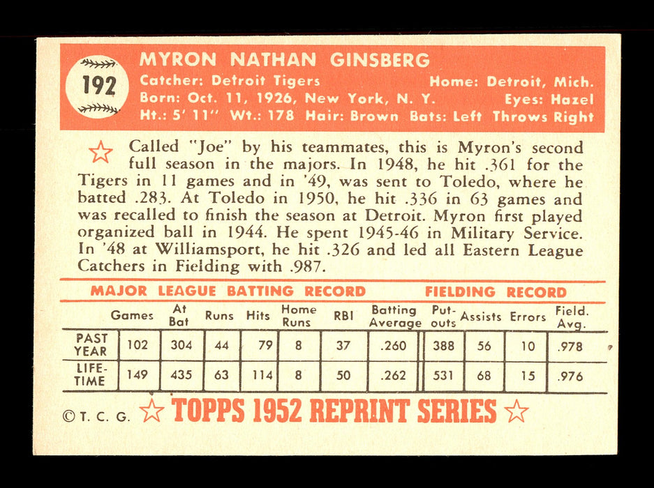Myron "Joe" Ginsberg Autographed 1983 Topps 1952 Topps Reprint Card #192 Detroit Tigers SKU #171518 - RSA
