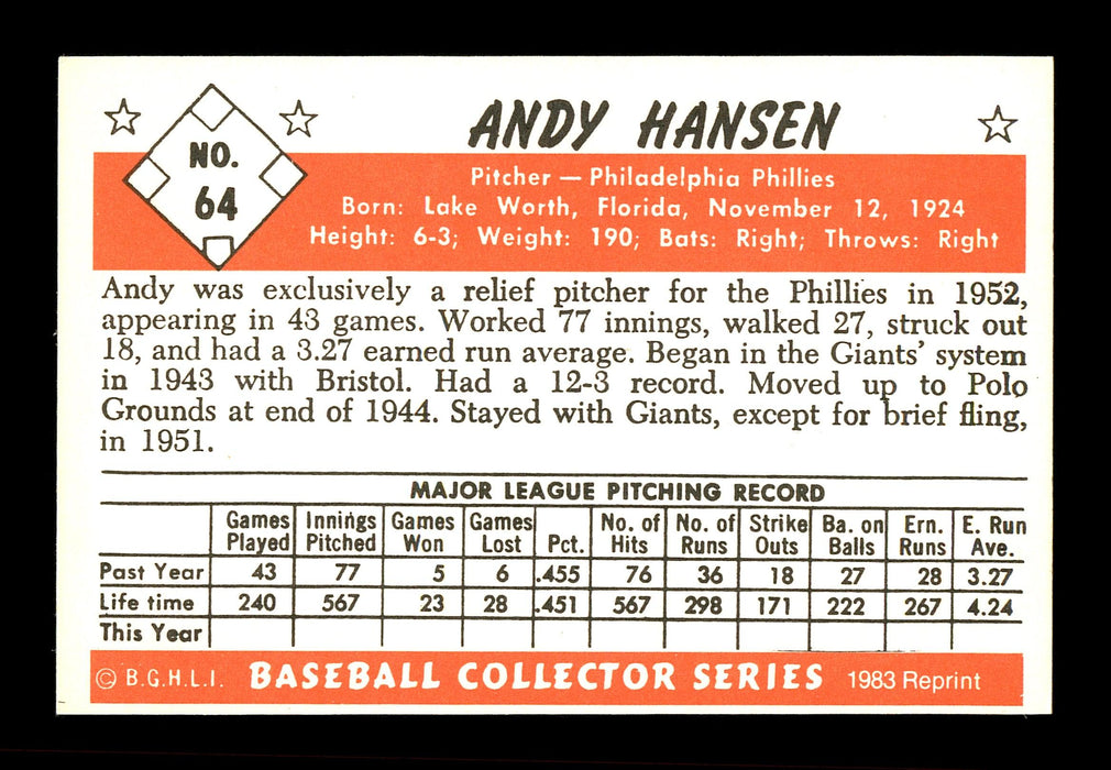 Andy Hansen Autographed 1983 Bowman 1953 Bowman Reprint Card #64 Philadelphia Phillies SKU #171555 - RSA