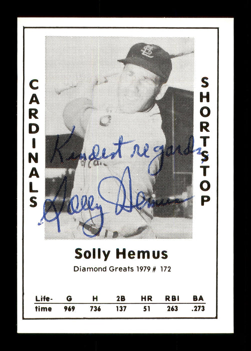 Solly Hemus Autographed 1979 Diamond Greats Card #172 St. Louis Cardinals "Kindest Regards" SKU #171585 - RSA