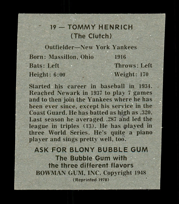Tommy Henrich Autographed 1978 Bowman 1948 Bowman Reprint Rookie Card #19 New York Yankees "Best Wishes" SKU #171589 - RSA