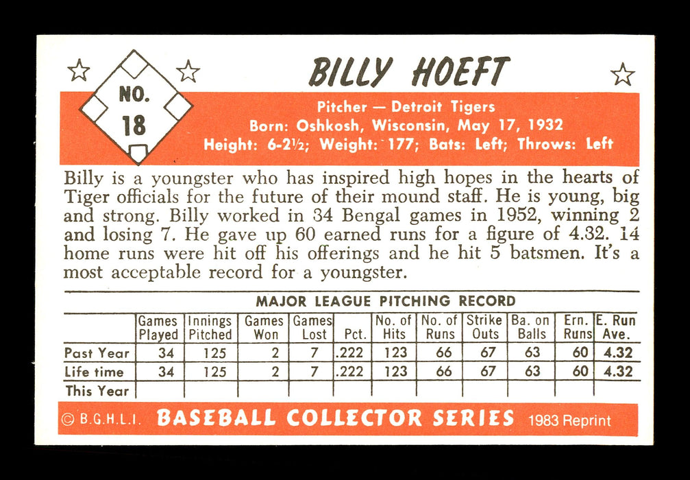 Billy Hoeft Autographed 1983 Bowman 1953 Bowman Reprint Card #18 Detroit Tigers SKU #171604 - RSA