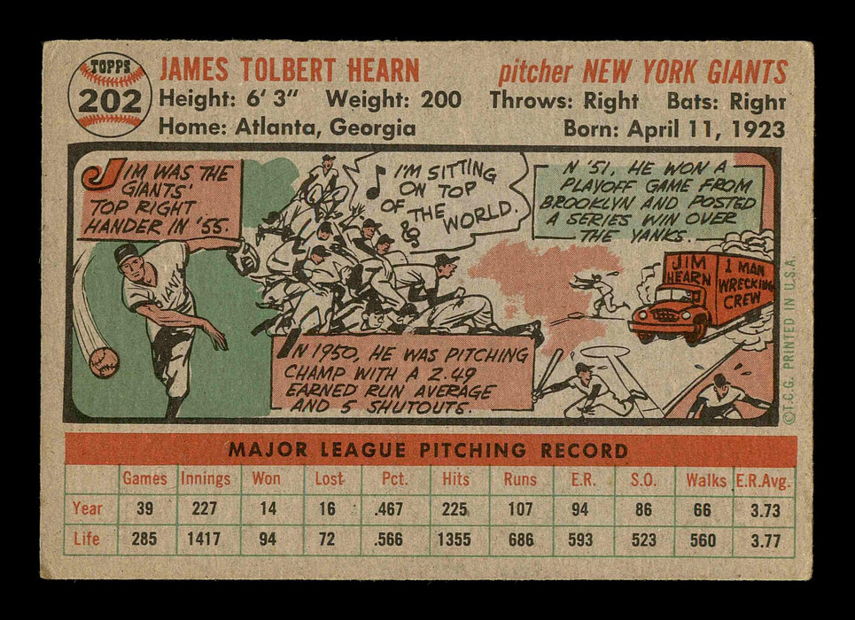 Jim Hearn Autographed 1956 Topps Card #202 New York Giants SKU #178635 - RSA